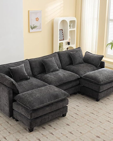 111'' Sectional Cloud Deep Seat Couch, Oversized Chenille U Shaped Sectional Sofa for Living Room Set, Comfy Upholstered Modular 5-Seats Sectional Sofa Couch with 2 Movable Ottoman, Dark Grey