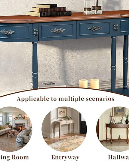 HMFULE Retro Curved Console Table, 52" Half Moon Sofa Entryway With 2 Drawers 1 Open Shelf, Solid Pine Legs for Living Room, Hallway, Navy Blue