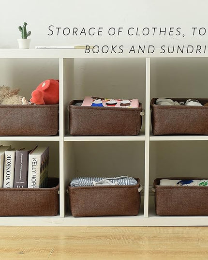 TheWarmHome Storage Basket for Organizing - 12x8x5 inch Small 6 Pack Collapsible Storage Bin for Shelves with Handles, Canves Storage Box for Cloth Closet Organizer Gift Toy (Brown)