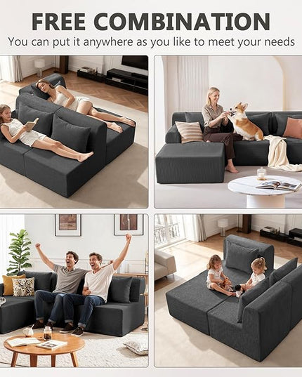 93" Sectional Couches for Living Room, Modular Sectional Sofa, Cloud Couch with L-Shape Chaise, Boneless Couches, Comfy Corduroy Fluffy Couch with Deep Seat, No Assembly Required, Black