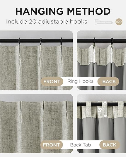 Joydeco Pinch Pleated Curtains - 100% Blackout for Bedroom, Light Beige Linen Curtains 40" W x 108" L, Thermal Insulated 2 Panels Light Blocking Drapes, Back Tabs for Living Room