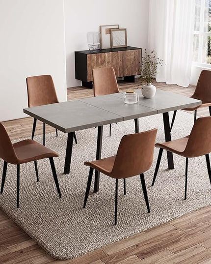 47.2"- 62.9" Extendable Dining Table with 6 Brown Dining Chairs, Modern Kitchen Table Set for 6, Thickened Expandable MDF Wooden Table with Metal Legs for Dining Room, Kitchen, Home