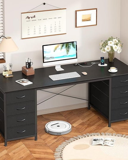 60 Inch Computer Desk with 8 Drawers, Home Office Desk with Power Outlets, Work Study Gaming Desk with 8 Fabric Drawers, Black