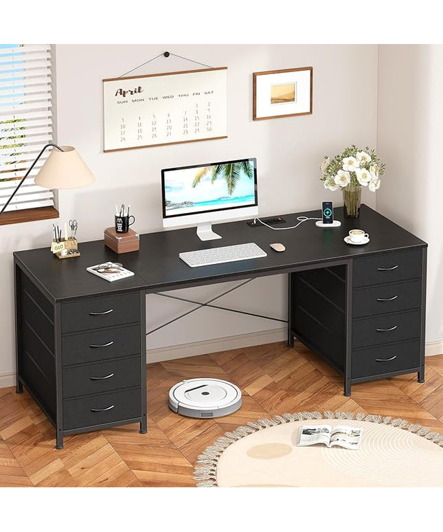 60 Inch Computer Desk with 8 Drawers, Home Office Desk with Power Outlets, Work Study Gaming Desk with 8 Fabric Drawers, Black