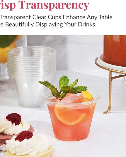 Prestee Clear Plastic Cups – 9oz Disposable PET Water, Wine, and Drink Glasses – Crystal Clear, Durable, Recyclable Party Cups – 100 Count for Holiday, Events, Coffee Shops, Restaurants