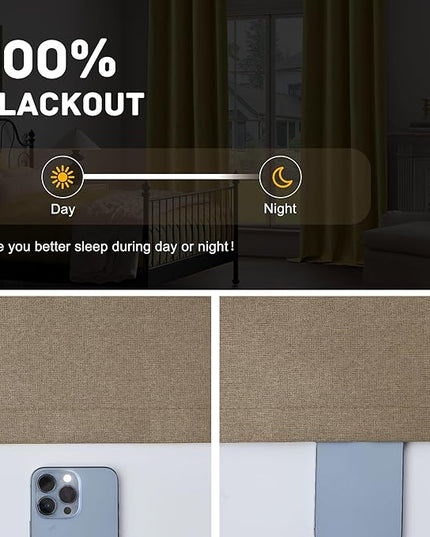 100% Blackout Linen Textured Curtains 108 Inch Length 2 Panels Set for Living Room, Bedroom, Light Weight Curtains with Grommets Top, Full Blackout Curtains Privacy Protection, Brown, 52" W x 108" L