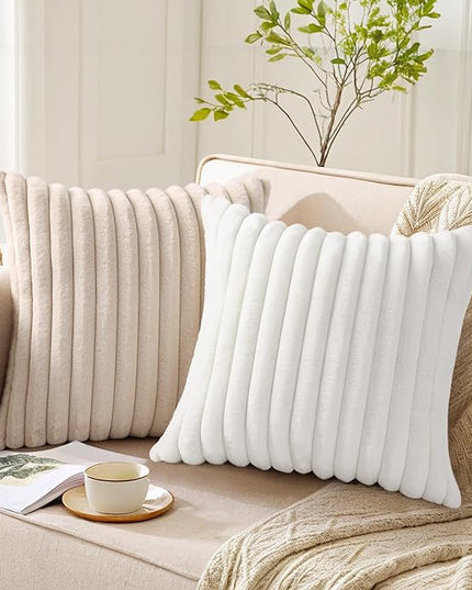 Pallene Faux Fur Plush Throw Pillow Covers 24x24 Set of 2, Luxury Soft Fluffy Striped Decorative Pillow Covers for Sofa, Couch, Living Room, White