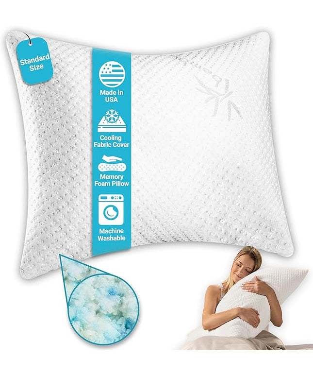 Xtreme Comforts Memory Foam Pillows Made in The USA - Standard Size, Slim Cooling Pillow for Sleeping on Side, Back & Stomach - Firm and Soft Bed Pillows