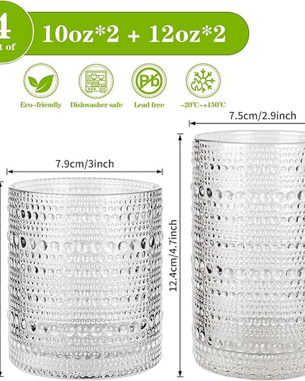 Hobnail Drinking Glasses Set of 4, 10oz Kitchen Water Glasses Cup & 12oz Vintage Cocktail Glasses Drinkware Set for Whisky, Juice, Wine, Milk