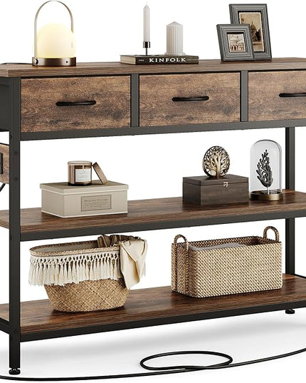 Lulive Entryway Table with Power Outlets, Console Table with 3 Fabric Drawers, Sofa Table for Living Room, Hallway, Couch, Foyer, Height Adjustable (Rustic Brown, 43")