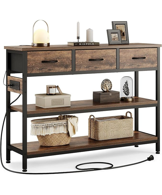 Lulive Entryway Table with Power Outlets, Console Table with 3 Fabric Drawers, Sofa Table for Living Room, Hallway, Couch, Foyer, Height Adjustable (Rustic Brown, 43")