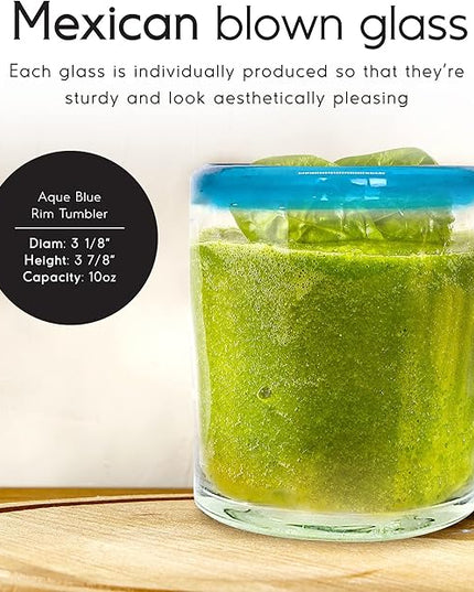 Aqua Blue Rim 10 oz Tumbler Glasses (set of 6) Mexican Handmade Glassware, Recycled Glass, Lead-free, Toxin-Free (Tumbler)