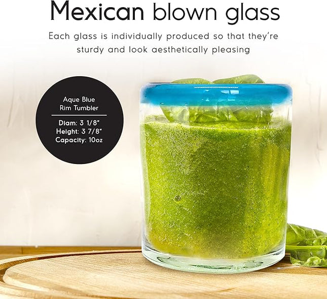 Aqua Blue Rim 10 oz Tumbler Glasses (set of 6) Mexican Handmade Glassware, Recycled Glass, Lead-free, Toxin-Free (Tumbler)