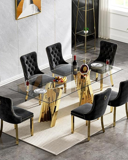 7 Piece Dining Table Set with 6 Black Dining Chairs, Modern Glass Kitchen Table and Chairs Set for 6, 70" Rectangle Gold Glass Pedestal Dining Room Tables with Flash-Shape Stainless Steel Base