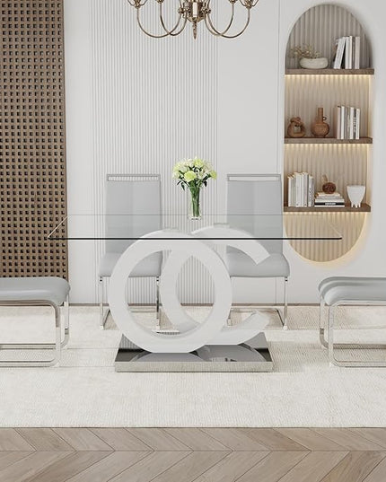 Ebullient Glass Dining Table Set for 4 ，5 Piece Dining Table Set,Tempered Glass Table Top，White Modern Dining Room Table with 4 PU Leather Ergonomic Dining Chairs