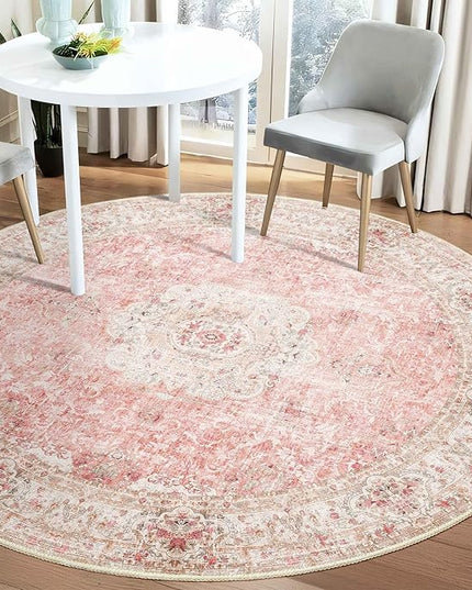 Pink Round Rug 5ft, Circle Boho Area Rugs for Bedroom Living Room,Washable Vintage Bohemian Distressed Oriental Floral Carpet Non Slip,Blush