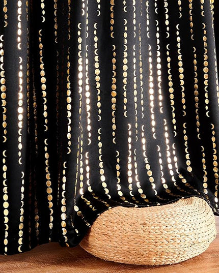 jinchan 95% Blackout Boho Curtains 84 Inch Long for Bedroom Christmas Curtains Moon Phases Printed Festive Holiday Golden on Black Drapes Rod Pocket Back Tab Curtains 2 Panels