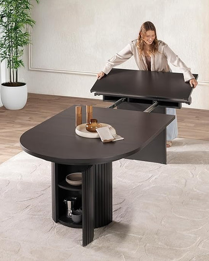 Transformer Table - Solid Wood Extendable Round Dining Table, Extendable Round Dining Table, Space-Saving Modern Furniture, Smoked Hickory, Black Finish (Table Only)