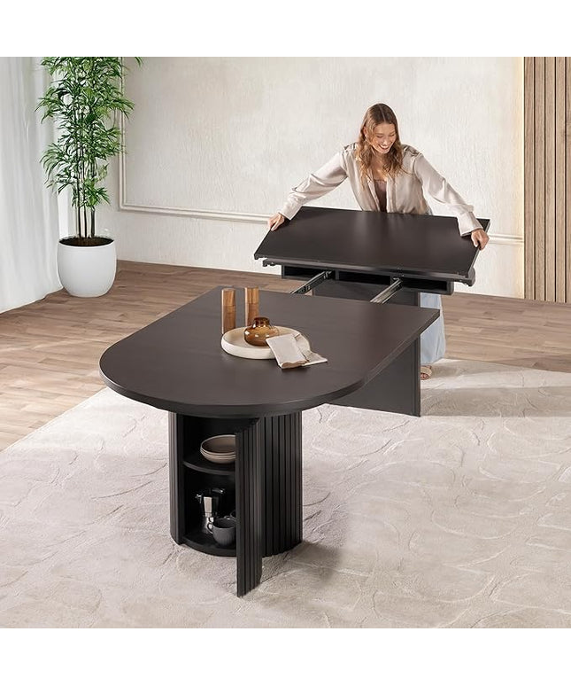 Transformer Table - Solid Wood Extendable Round Dining Table, Extendable Round Dining Table, Space-Saving Modern Furniture, Smoked Hickory, Black Finish (Table Only)