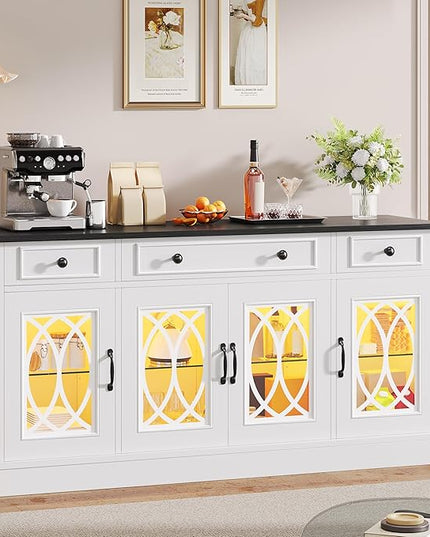 YITAHOME Sideboard Buffet Cabinet with Storage, 65" Buffet Table with 4 Glass Doors and 3 Drawers, Coffee Bar Cabinet with Adjustable Shelves for Kitchen, Living Room, White