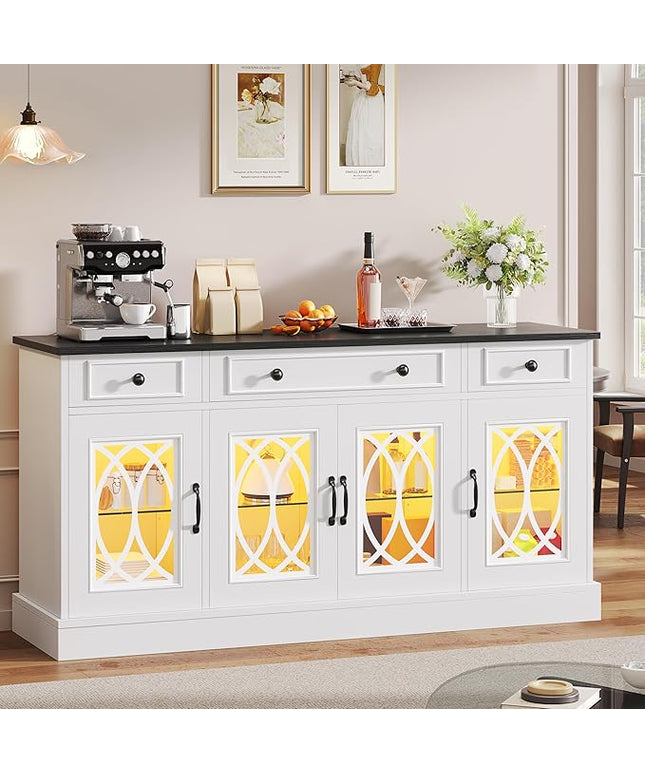 YITAHOME Sideboard Buffet Cabinet with Storage, 65" Buffet Table with 4 Glass Doors and 3 Drawers, Coffee Bar Cabinet with Adjustable Shelves for Kitchen, Living Room, White