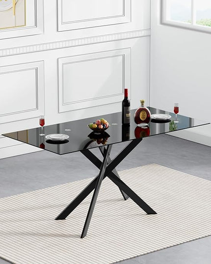 HomVent 7 Pieces Rectangular Glass Dining Table Table Set, Black Glass Dining Table Set for 6 Kitchen Table Set with 6 PU Dining Chairs for Kitchen Dining Room (Black3-Table with 6 Grey Chairs)