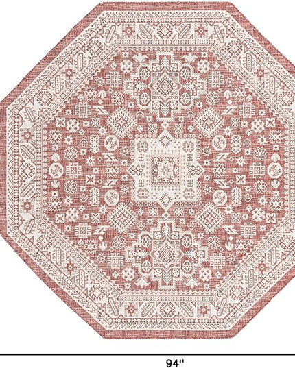 Rugs.com Outdoor Aztec Collection Rug – 8 Ft Octagon Rust Red Flatweave Rug Perfect for Living Rooms, Kitchens, Entryways