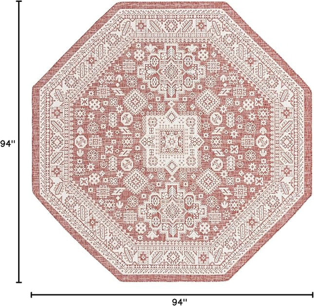 Rugs.com Outdoor Aztec Collection Rug – 8 Ft Octagon Rust Red Flatweave Rug Perfect for Living Rooms, Kitchens, Entryways