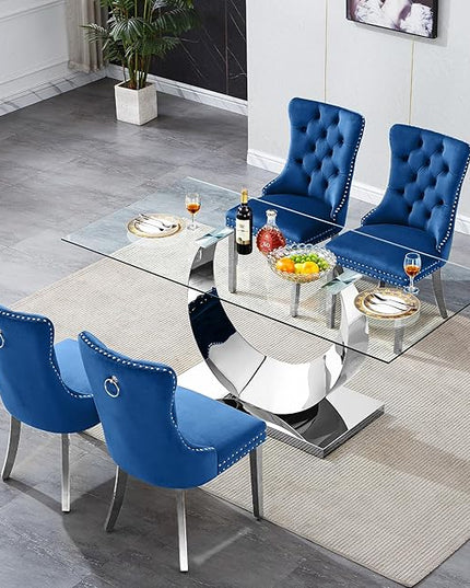 5 Piece Dining Table Set, Modern Glass Dining Table Set for 4, 70" Luxury Glass Table w/Silver Stainless Steel Base & 4 Blue Tufted Chairs, Kitchen Dining Room Sets for 4 for Breakfast Dinner Dinette