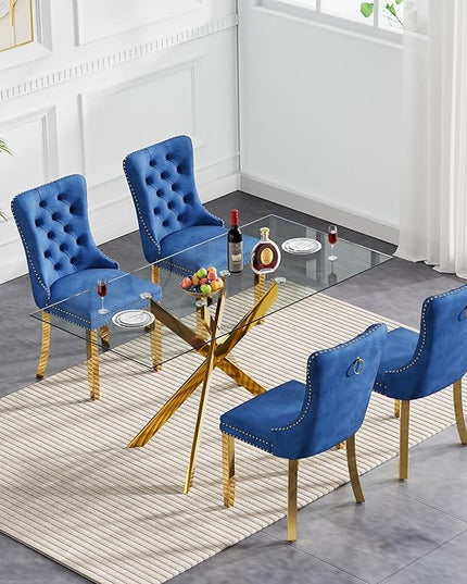 51" Glass Dining Table Set for 4, Modern Dining Room Table Set for 4, Gold X-Shape Pedestal Glass Table with 4pcs Blue Dining Chairs, 5 Piece Dining Set for Dining Living Room