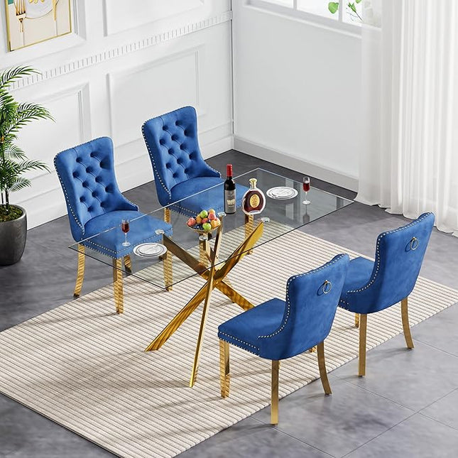 Henf 5 Piece Dining Table Set for 4, 51in Glass Dining Table Set with 4 Upholstered Dining Chairs, Blue Tufted Chair & Dining Room Table Set w/Metal Legs, Gold Glass Kitchen Table and Chair Set for 4