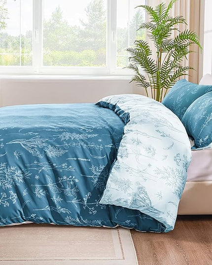 Love's cabin Mineral Blue Comforter Set King - King Size Comforter Set, 3 Pieces Cute Floral Bedding Sets for All Seasons,1 Soft Reversible Botanical Flowers Comforter and 2 Pillow Shams