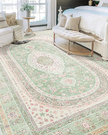 9x12 Area Rugs Washable,Green Rug for Living Room Bedroom Dining Room,Large Boho Vintage Bohemian Distressed Oriental Carpet Non Slip,Sage Blush Floral