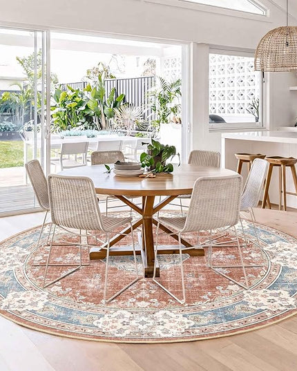MUJOO Boho Round Rug 6ft,Circle Washable Area Rugs for Bedroom Living Room Bathroom, Large Vintage Distressed Non Slip Circular Carpet,Orange Navy Blue Floral
