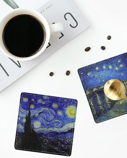 Artistic Coasters Square Leather Drinks Coaster Set with Holder for Coffee Table Bar Home Decor 4 Inches Set of 6