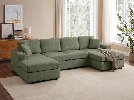 VANOMi 118'' U Shaped Sectional Sofa Couch, Corduroy Fabric Modern Cozy Jumbo Size 4-Seater Living Room Couch, Double Chaise Longue, Olive