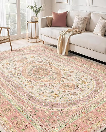 5x7 Area Rugs Washable,Pink Rug for Living Room Bedroom Kitchen,Large Boho Vintage Bohemian Distressed Farmhouse Carpet Non Slip,Blush Floral