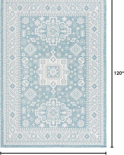 Rugs.com Outdoor Aztec Collection Rug – 7' x 10' Aqua Flatweave Rug Perfect for Living Rooms, Large Dining Rooms, Open Floorplans