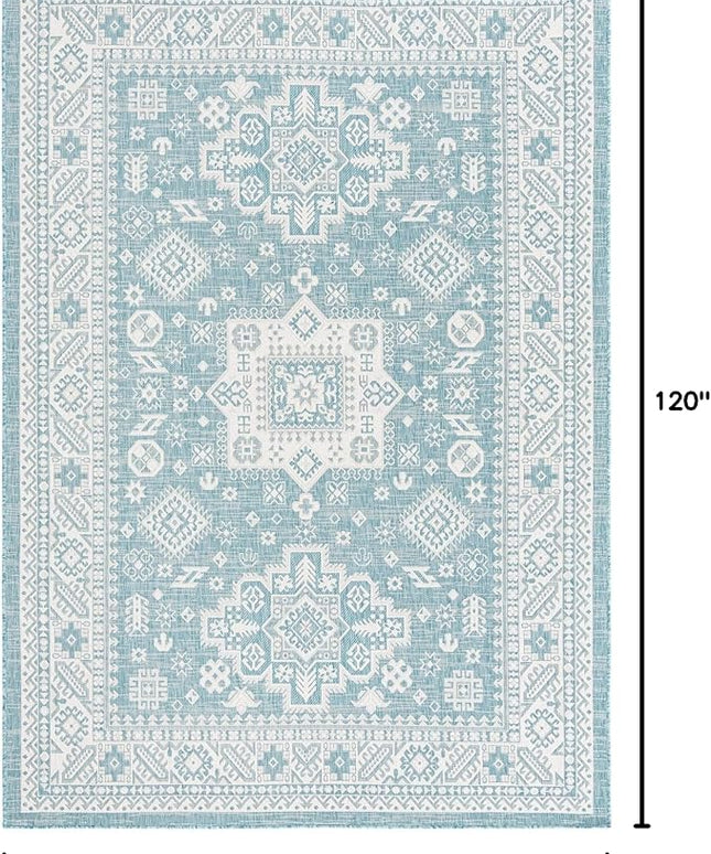 Rugs.com Outdoor Aztec Collection Rug – 7' x 10' Aqua Flatweave Rug Perfect for Living Rooms, Large Dining Rooms, Open Floorplans