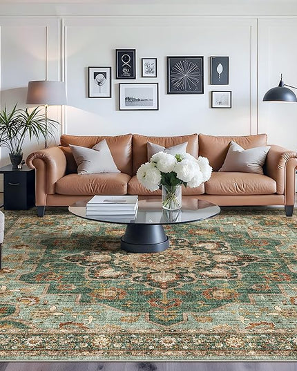 Washable Oriental Area Rug - Green 10x10 Area Rugs for Living Room Bedroom Dining Room Under Kitchen Table - Non-Slip & Stain Resistance Rug for High Traffic Area (Green, 10x10)