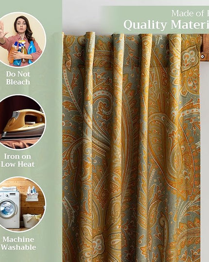 Maison d' Hermine Curtains for living room 100% Cotton 96 inch length One Panel Light Filtering Curtain for Bedroom Windows with rod and loop Pockets Drapes (Kashmir Paisley Forest Green, 50"W x 96"L)