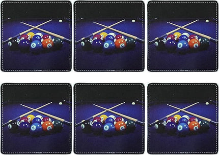 Marble Coasters Square Leather Drinks Coaster Set with Holder for Coffee Table Bar Home Decor 4 Inches Set of 6 (Billiards, One Size)