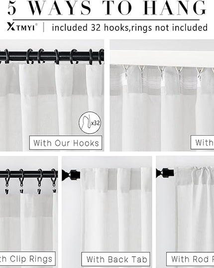 XTMYI 92 Inch Curtains Length 2 Panels Set,Back Tab Linen Sheer Window Curtains Living Room Bedroom,50x92 in Long,White
