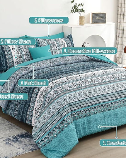 Cottolester Boho Queen Comforter Set 8 Pieces, Teal Comforter Bohemian Striped Bed in A Bag,Soft Microfiber Bedding Set for All Seasons