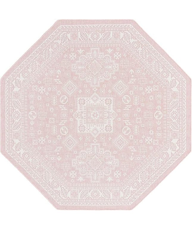 Rugs.com Outdoor Aztec Collection Rug – 8 Ft Octagon Pink Flatweave Rug Perfect for Living Rooms, Kitchens, Entryways