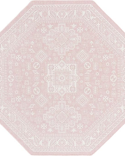 Rugs.com Outdoor Aztec Collection Rug – 8 Ft Octagon Pink Flatweave Rug Perfect for Living Rooms, Kitchens, Entryways