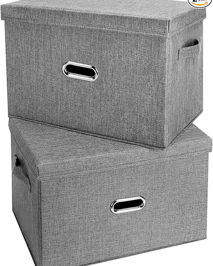 Large Linen Fabric Foldable Storage Bins with Removable Lid and Handles, Washable Storage Box Organizer Containers Baskets Cube with Cover for Bedroom,Closet,Nursery (Grey, Medium(2-Pack))