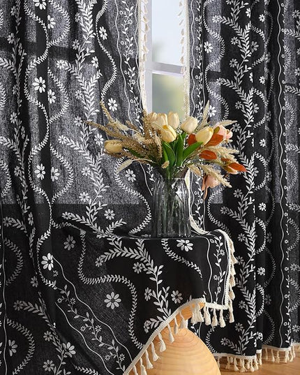 Boho Curtains for Living Room 63 Inches Long Semi Sheer Linen Floral Curtains Vintage Farmhouse Window Curtain 2 Panel Sets for Dining Room Kitchen Black