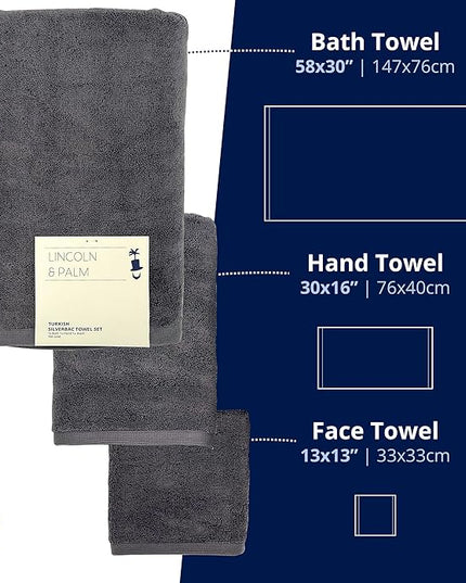 Lincoln & Palm 3 Piece Turkish Towels Set, Thick, Soft, Plush 700 GSM Spa & Hotel Quality, Silver Infused SILVERbac | Bath 58x30, Hand 30x16, Face Wash Cloth 13x13 (3 Piece Towel Set, Charcoal)