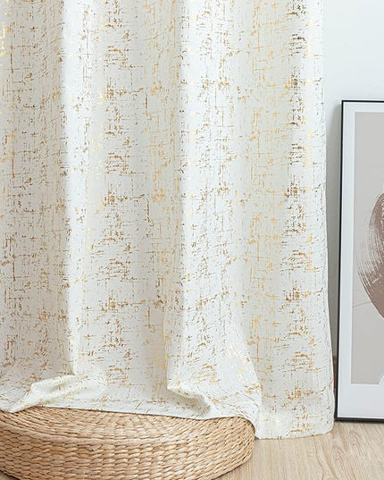 Taisier Home Gold Foil Print Linen Textured Curtains - Geometric Dots Pattern Design for Bedroom & Living Room - Thermal Insulated Window Treatment, 2 Panels, 84" L, Off White and Gold